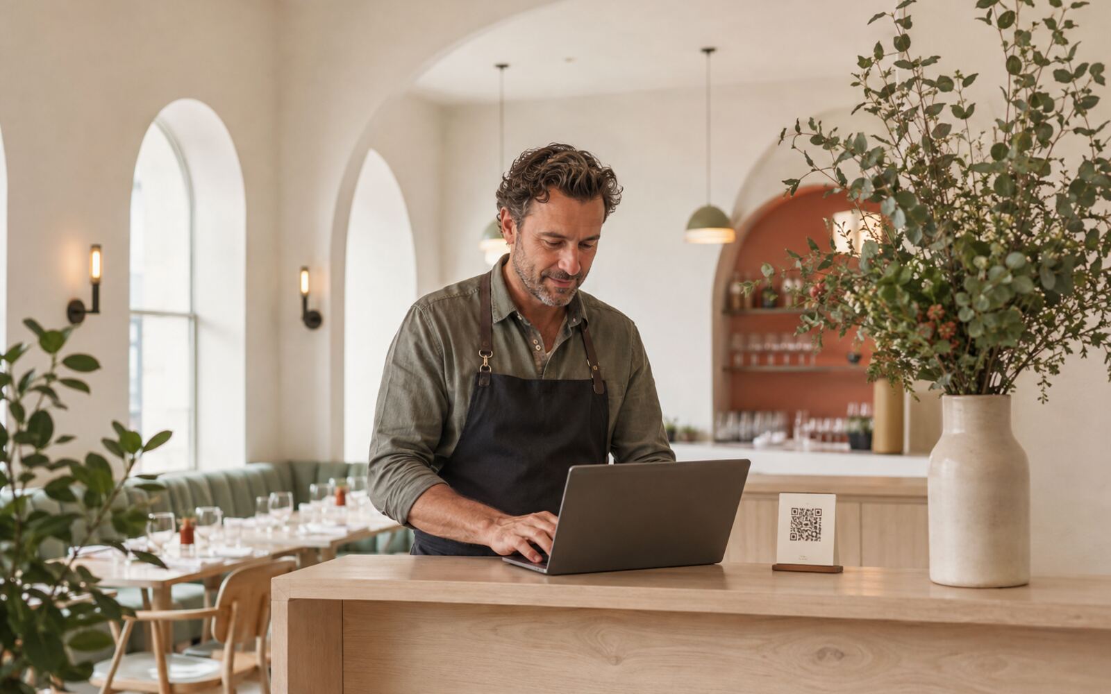 Un restaurateur consulte une tablette au comptoir de son établissement.