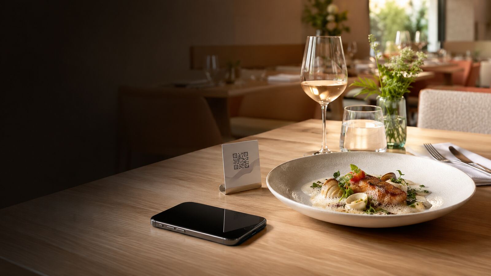 Une table dressée dans une salle lumineuse, un plat au premier plan.