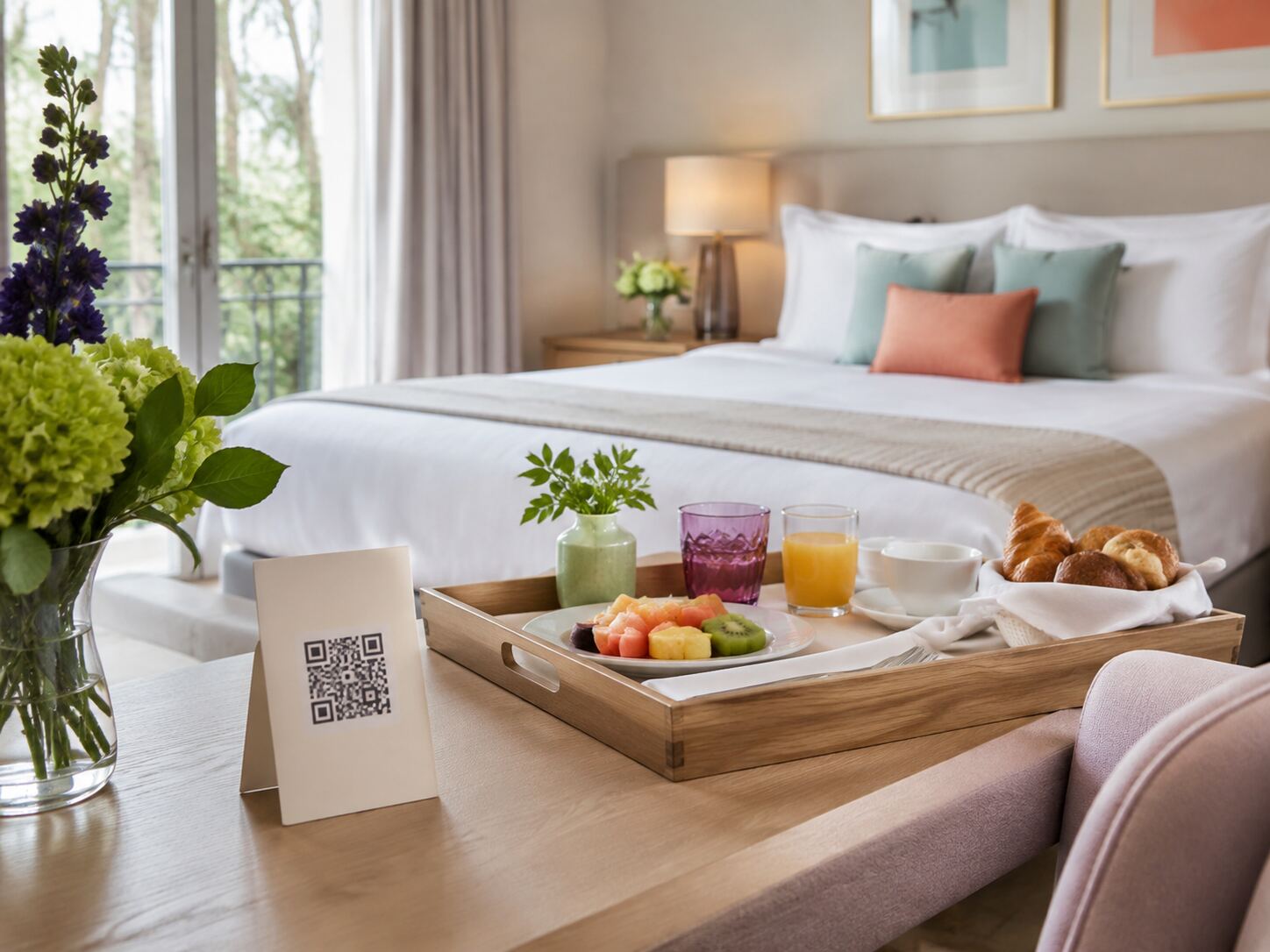 Le bureau d'une chambre d'hôtel, avec un carton QR posé près du plateau.