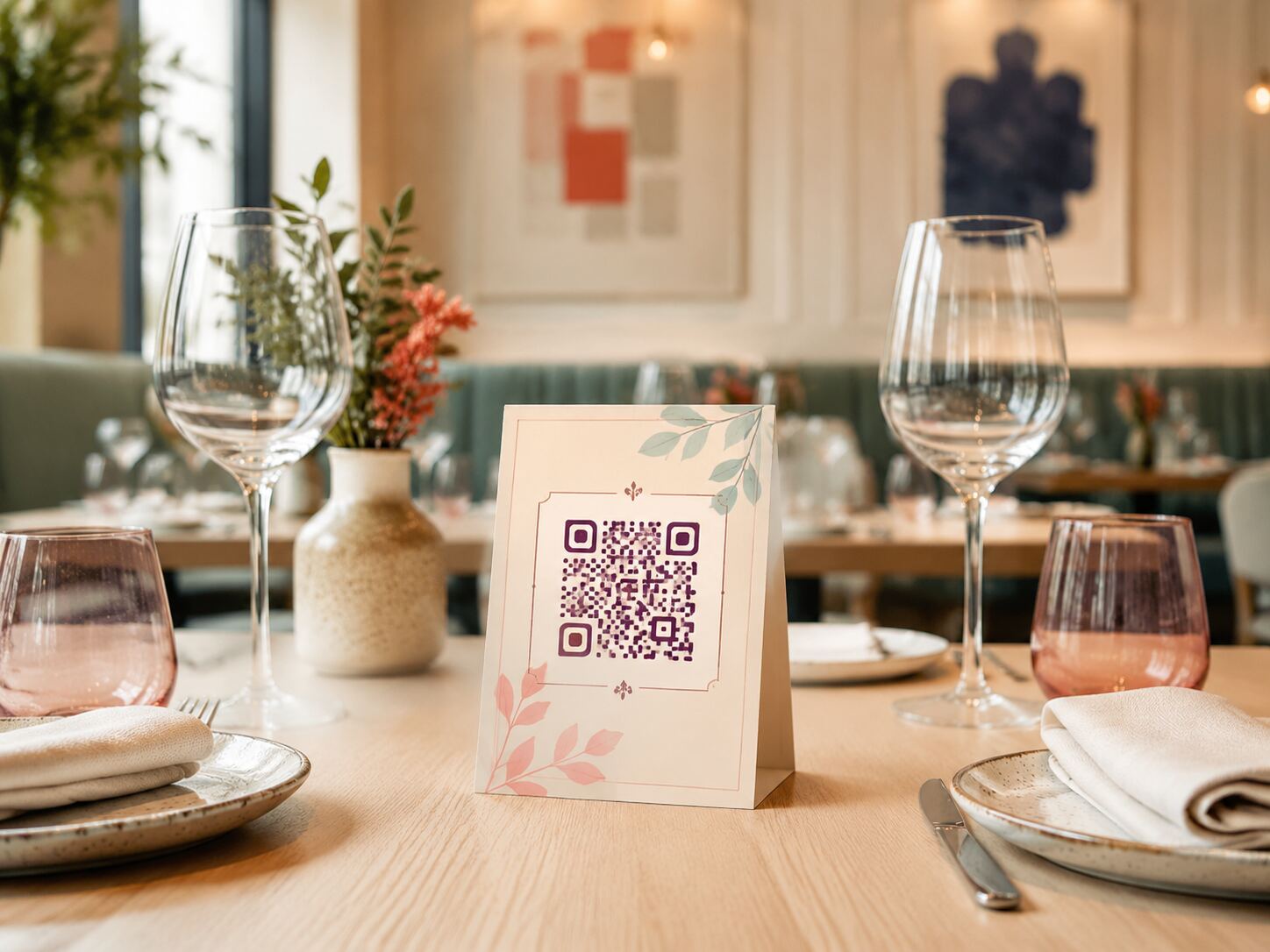 Un support QR posé sur une table de restaurant, prêt à être scanné par un client.