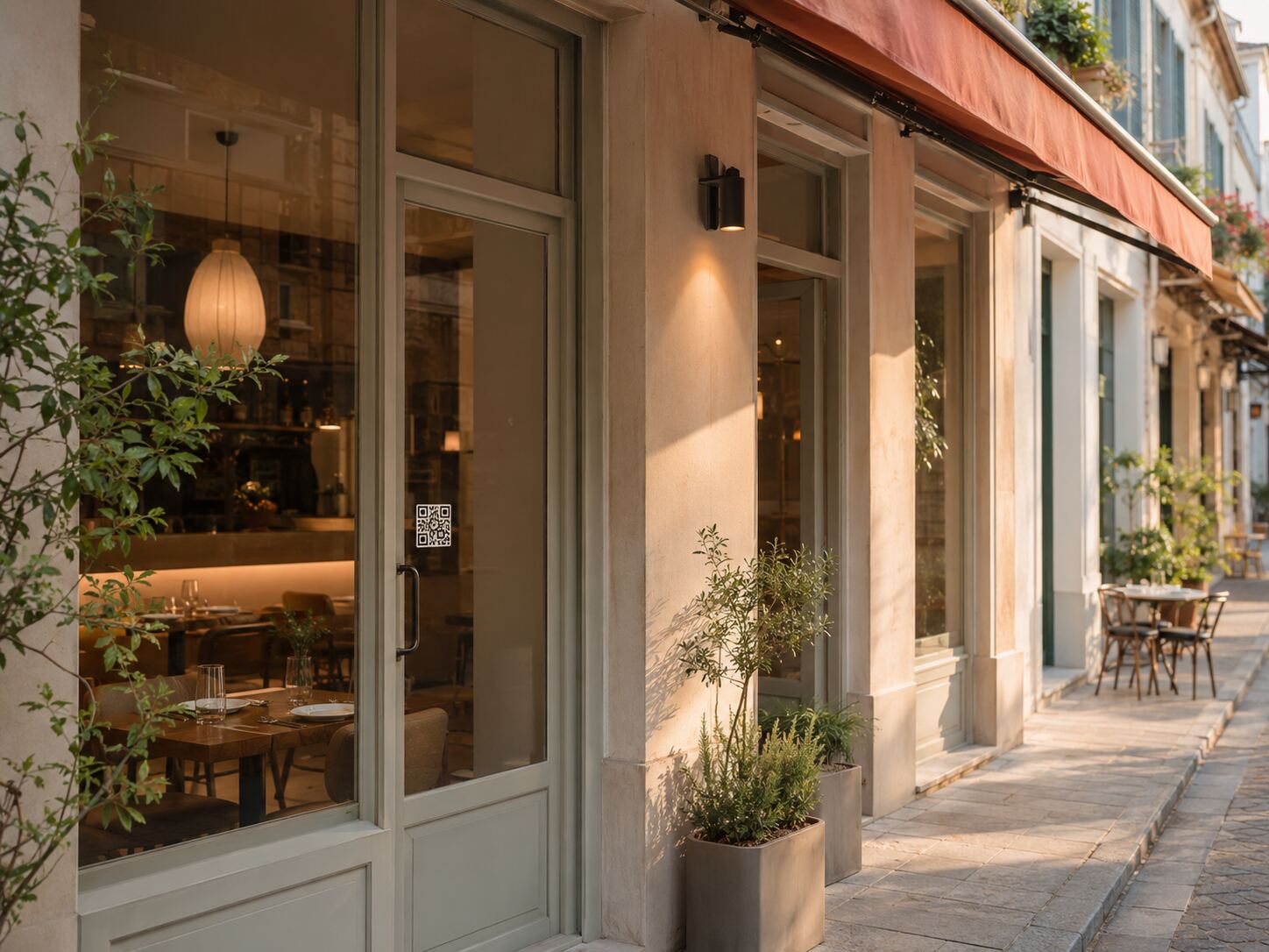 La devanture d'un restaurant, avec un autocollant QR collé sur la vitre.