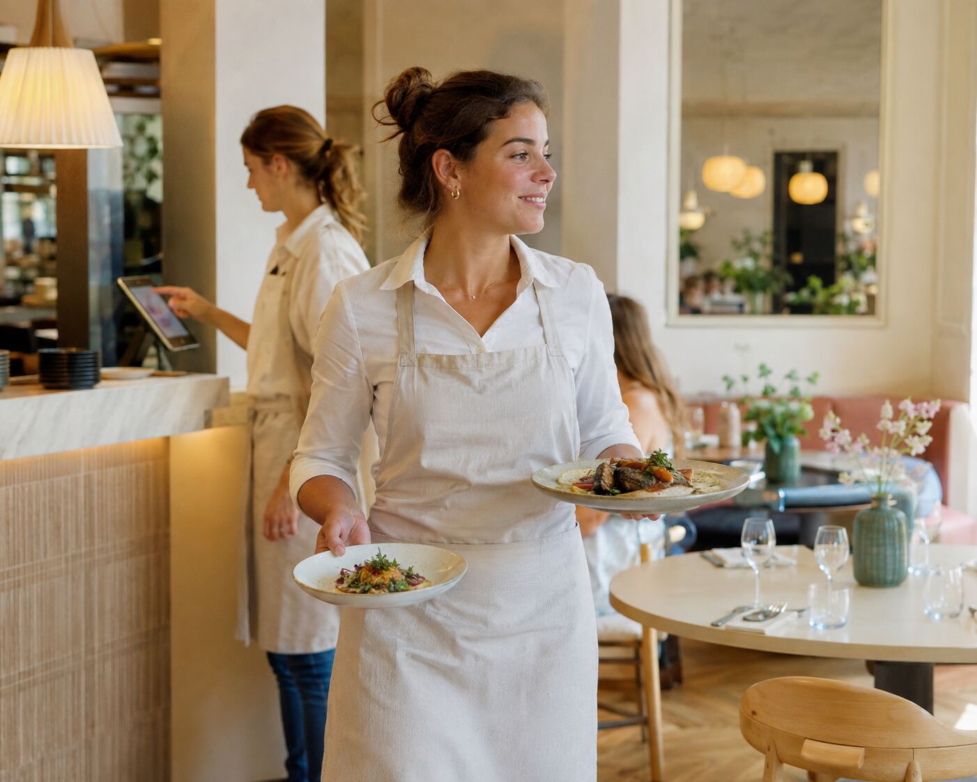 Un serveur prépare une commande pendant le service.