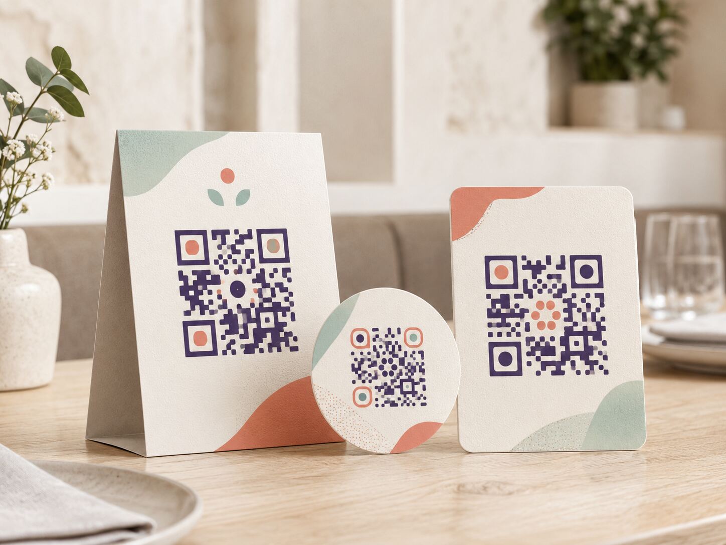 Des supports QR imprimés posés sur une table claire.